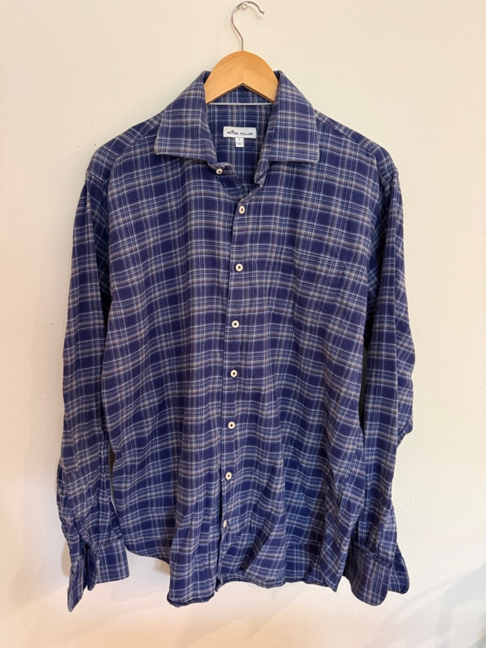 Peter Millar sz L Navy and White Plaid Button-Down Shirt Ultra soft flannel
